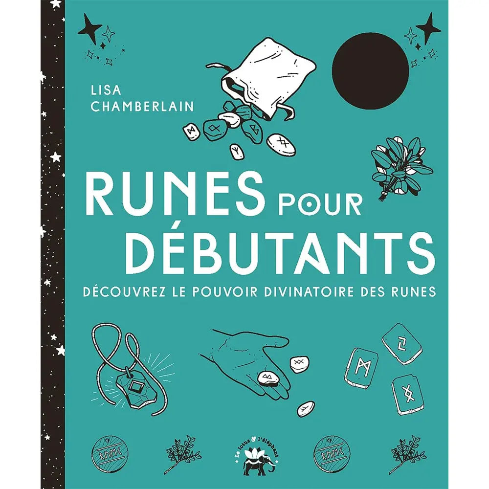Livre Runes pour débutants de Lisa Chamberlain, couverture turquoise avec illustrations de runes, main, pendule et titre en blanc.