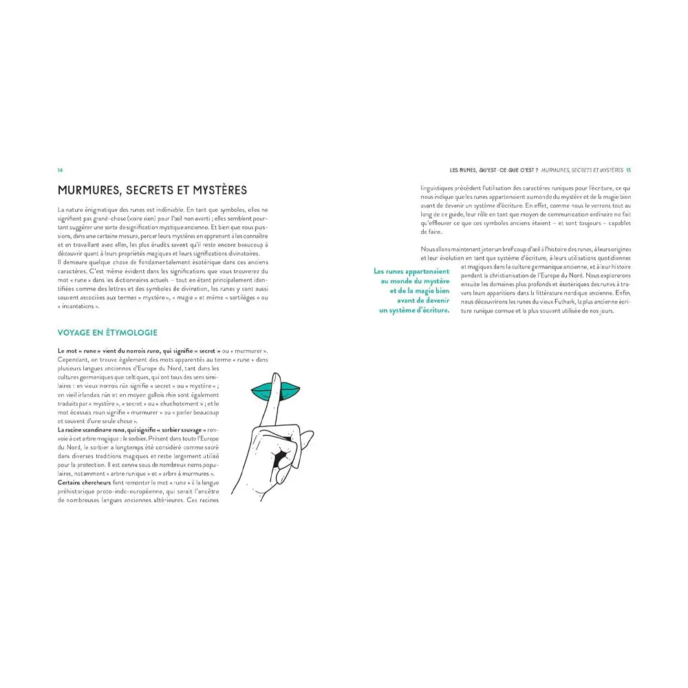 Pages du guide Runes pour débutants présentant une section d’introduction sur les runes, avec citation en vert et dessin d’un doigt sur les lèvres.