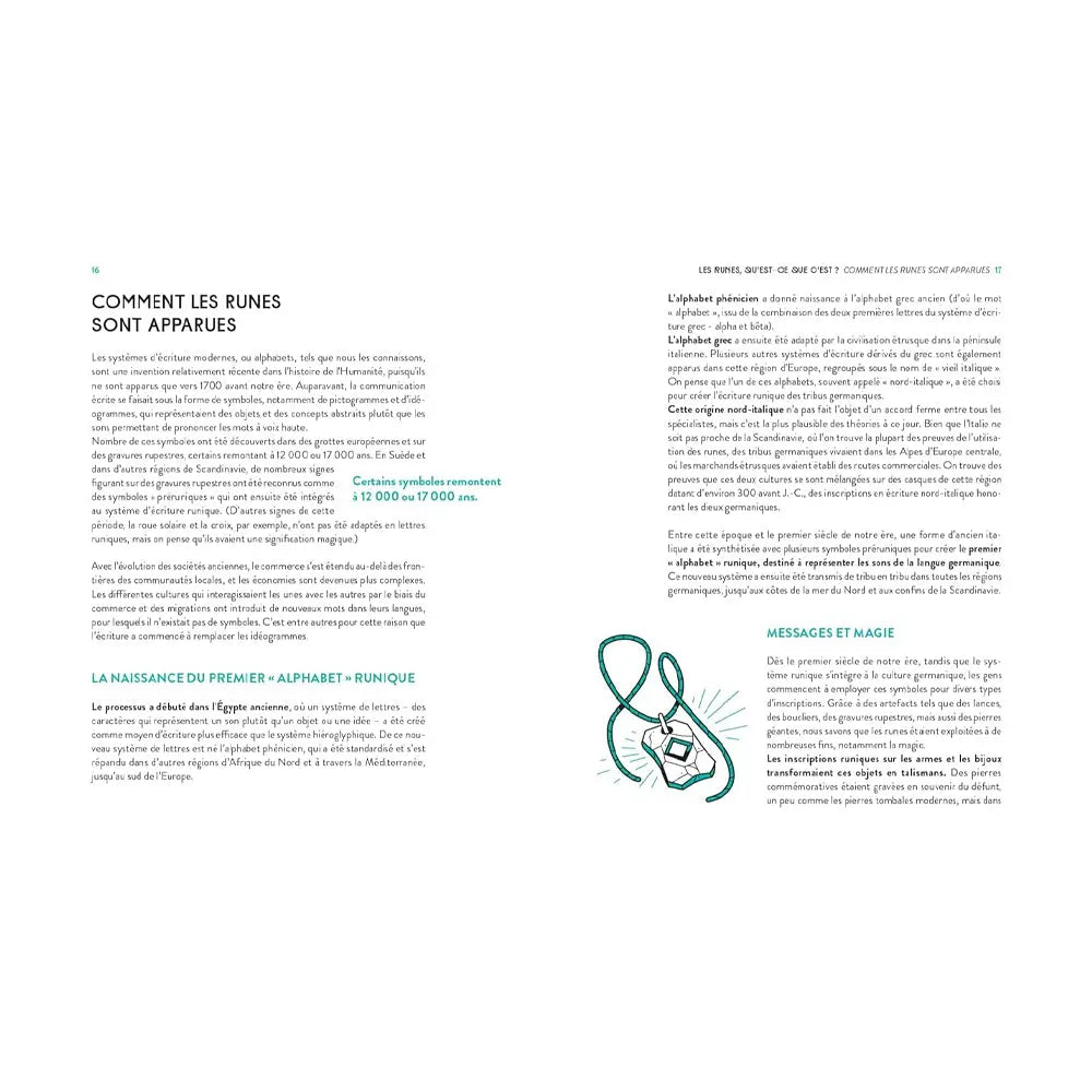 Double page du livre Runes pour débutants sur le thème Comment les runes sont apparues, texte explicatif et illustration d’un pendentif rune.