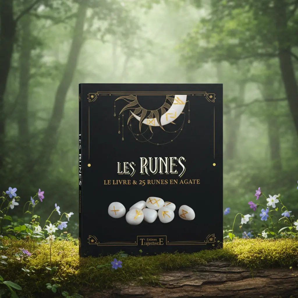 Coffret noir élégant Les Runes - Livre et 25 runes en agate posé sur une souche, orné d'une lune et d'un soleil dorés, avec des pierres blanches gravées d'or.