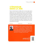 Quatrième de couverture du livre S'épanouir dans la joie, affichant le texte de présentation sur un fond bleu nuit parsemé d'étoiles.