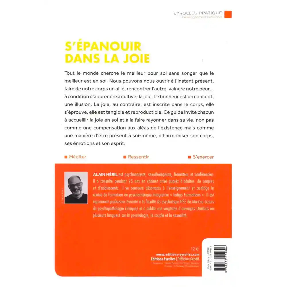 Quatrième de couverture du livre S'épanouir dans la joie, affichant le texte de présentation sur un fond bleu nuit parsemé d'étoiles.