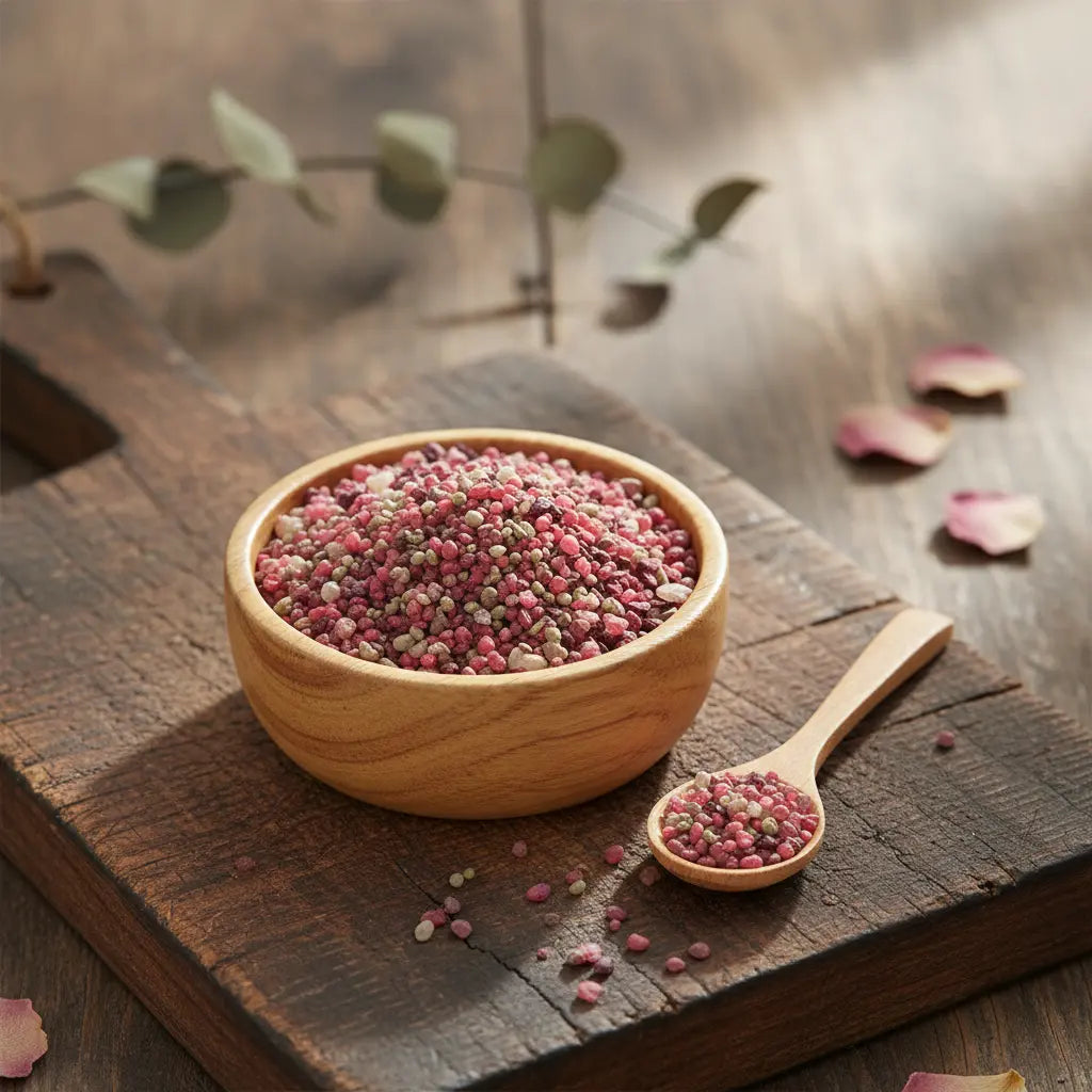 Grains d'encens de résine Sacré-Cœur de Jésus, mélange de teintes roses et blanches, dans un bol en bois clair, posé sur une planche à découper rustique en bois foncé.