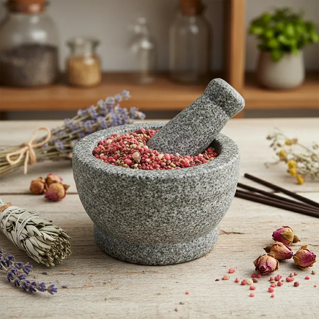 Grains d'encens de résine Sacré-Cœur de Jésus (rose et blanc) dans un mortier en granit gris avec pilon, entouré de sauge blanche et de boutons de rose séchés.