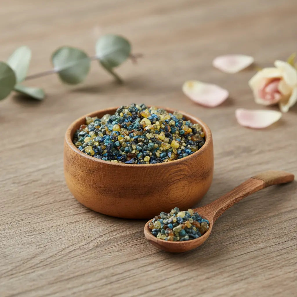 Coupelle en bois remplie de grains d’encens Sacré Cœur de Marie bleus et dorés avec petite cuillère sur table en bois.
