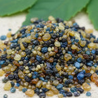 Gros plan sur des grains d’encens Sacré Cœur de Marie bleus, dorés et noirs sur fond clair avec feuilles vertes floues.
