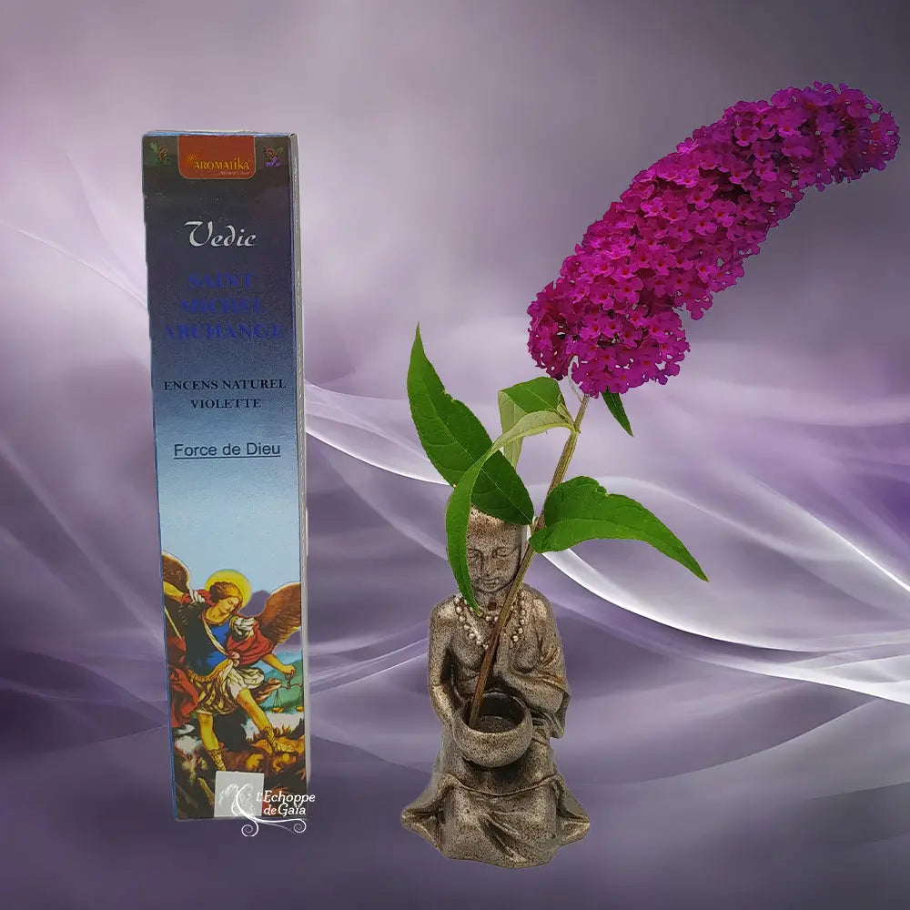 Boîte d'encens naturel Vedic Saint Michel Archange Violette bleue avec illustration de l'archange terrassant le dragon, statuette de moine et fleur violette sur fond mauve