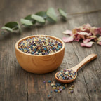 Coupelle en bois remplie de grains d’encens Saint Antoine multicolores avec petite cuillère sur table en bois.
