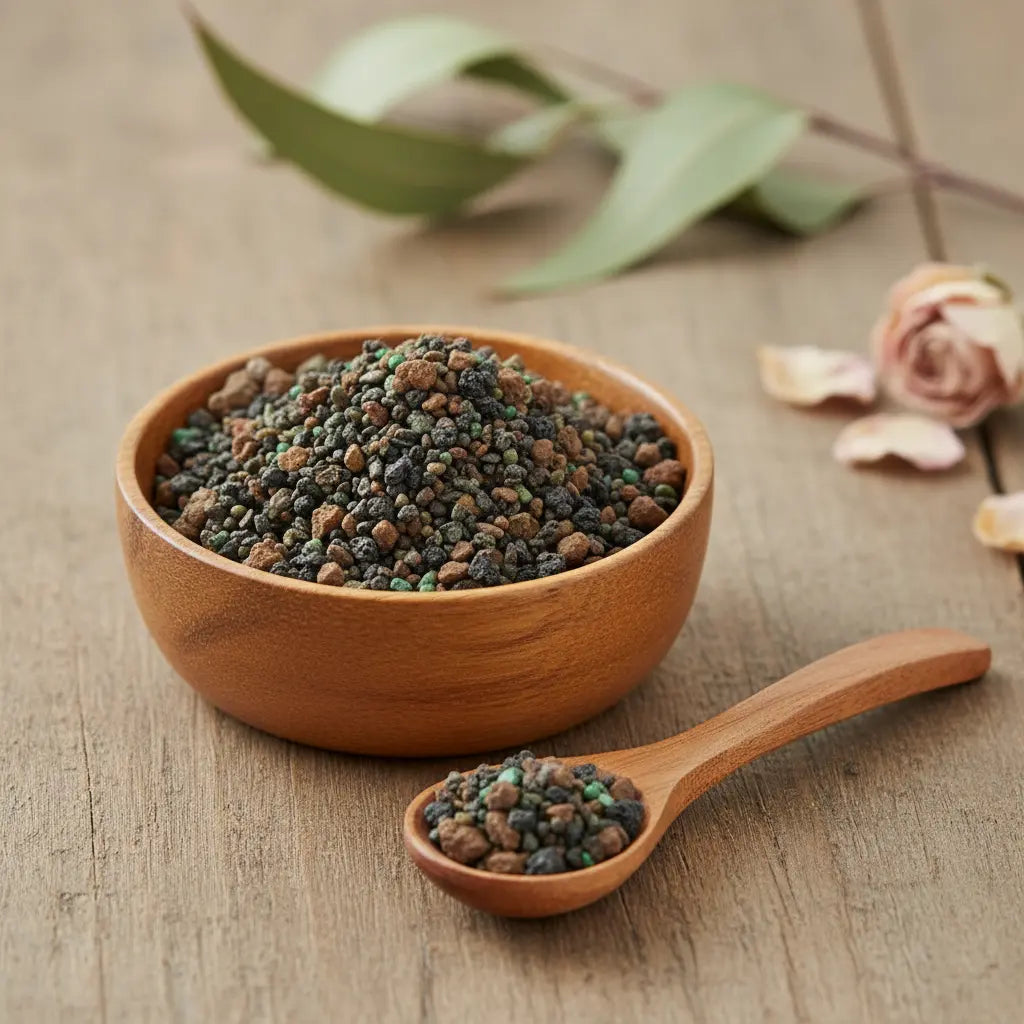 Grains d'encens de résine Saint Benoît, mélange de teintes brun foncé, noir et vert, dans un bol en bois clair, avec cuillère, sur une planche de bois rustique.
