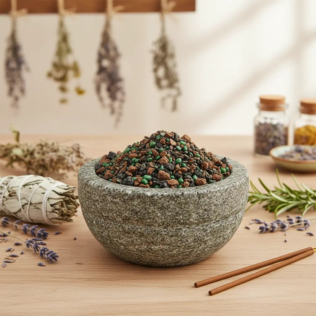 Grains d'encens de résine Saint Benoît (brun foncé, noir et vert) dans un mortier en granit gris, entouré de sauge blanche, de lavande et de bâtonnets d'encens.