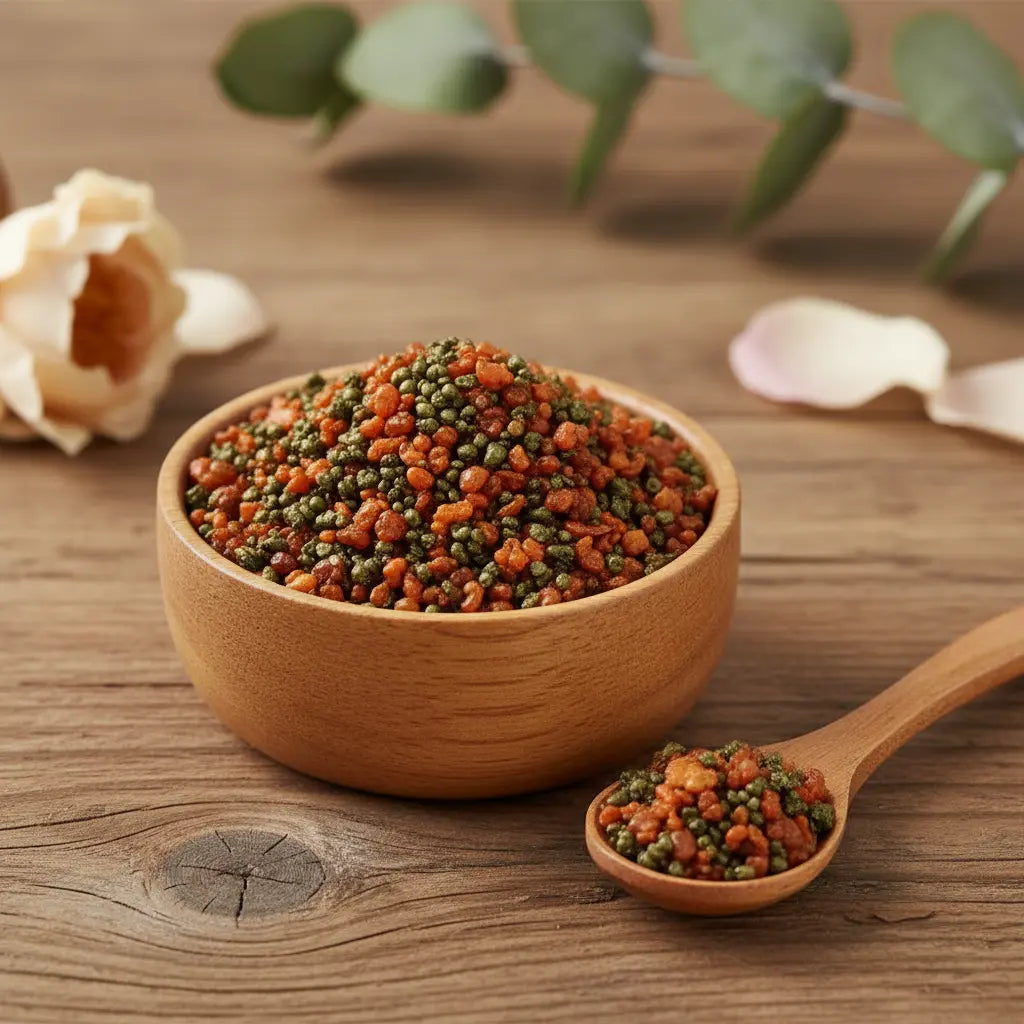 Grains d'encens de résine Saint-Esprit, mélange de couleurs terre cuite et vert olive, dans un petit bol en bois avec cuillère, sur une surface en bois rustique.