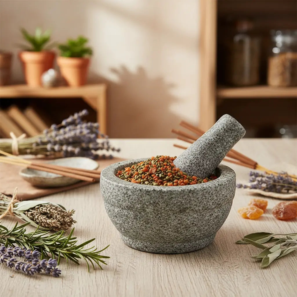 Grains d'encens de résine Saint-Esprit (terre cuite et vert) dans un mortier en granit avec pilon, entouré de brins de lavande, de romarin et de sauge séchée.