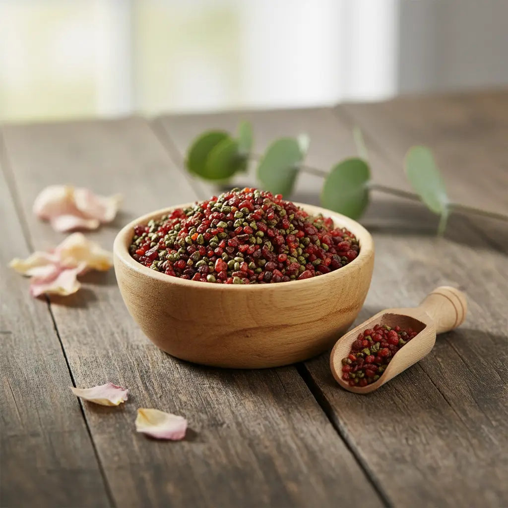 Grains d'encens de résine Saint Expédit, mélange de teintes rouge foncé et verte, dans un petit bol en bois avec cuillère, sur une table rustique.