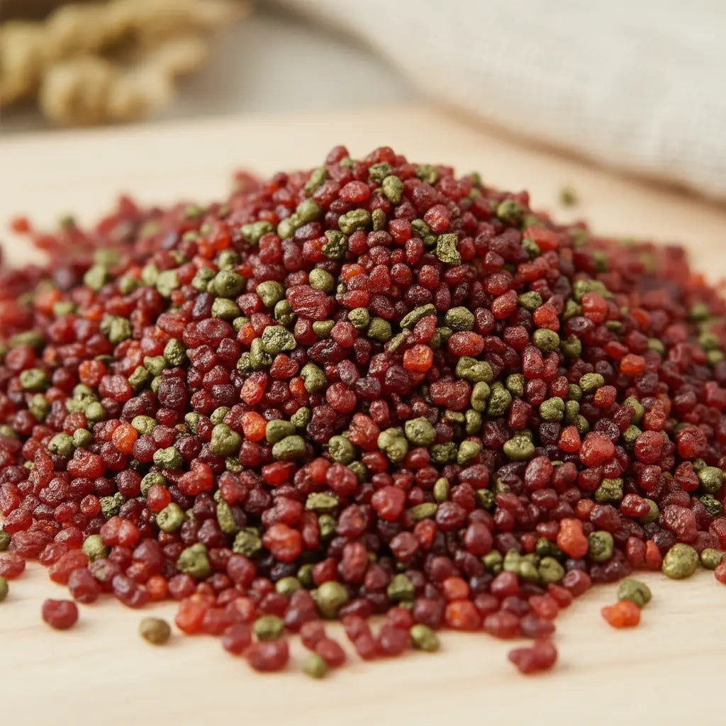Gros plan sur un tas de grains d'encens de résine Saint Expédit, montrant le contraste entre le rouge grenat profond et le vert olive, sur une surface en bois clair.