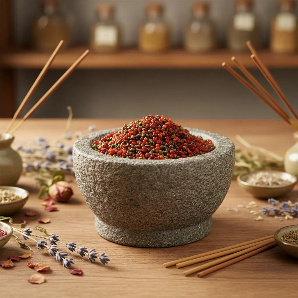 Grains d'encens de résine Saint Expédit (rouge et vert) dans un mortier en granit, entouré de bâtonnets d'encens et de brins de lavande séchée.