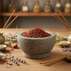 Grains d'encens de résine Saint Expédit (rouge et vert) dans un mortier en granit, entouré de bâtonnets d'encens et de brins de lavande séchée.