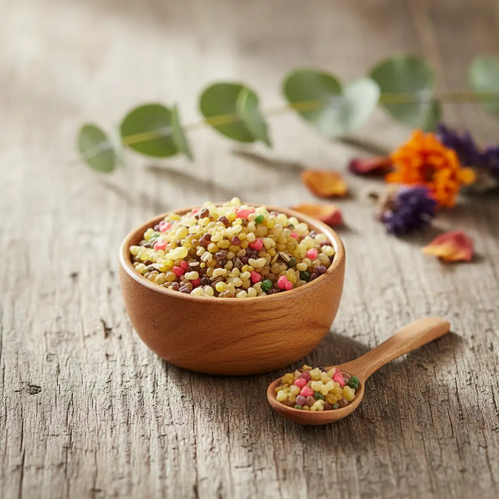 Grains d'encens de résine Saint Gabriel (jaune pâle et touches de rose) dans un petit bol en bois avec cuillère, sur une planche de bois vieillie.