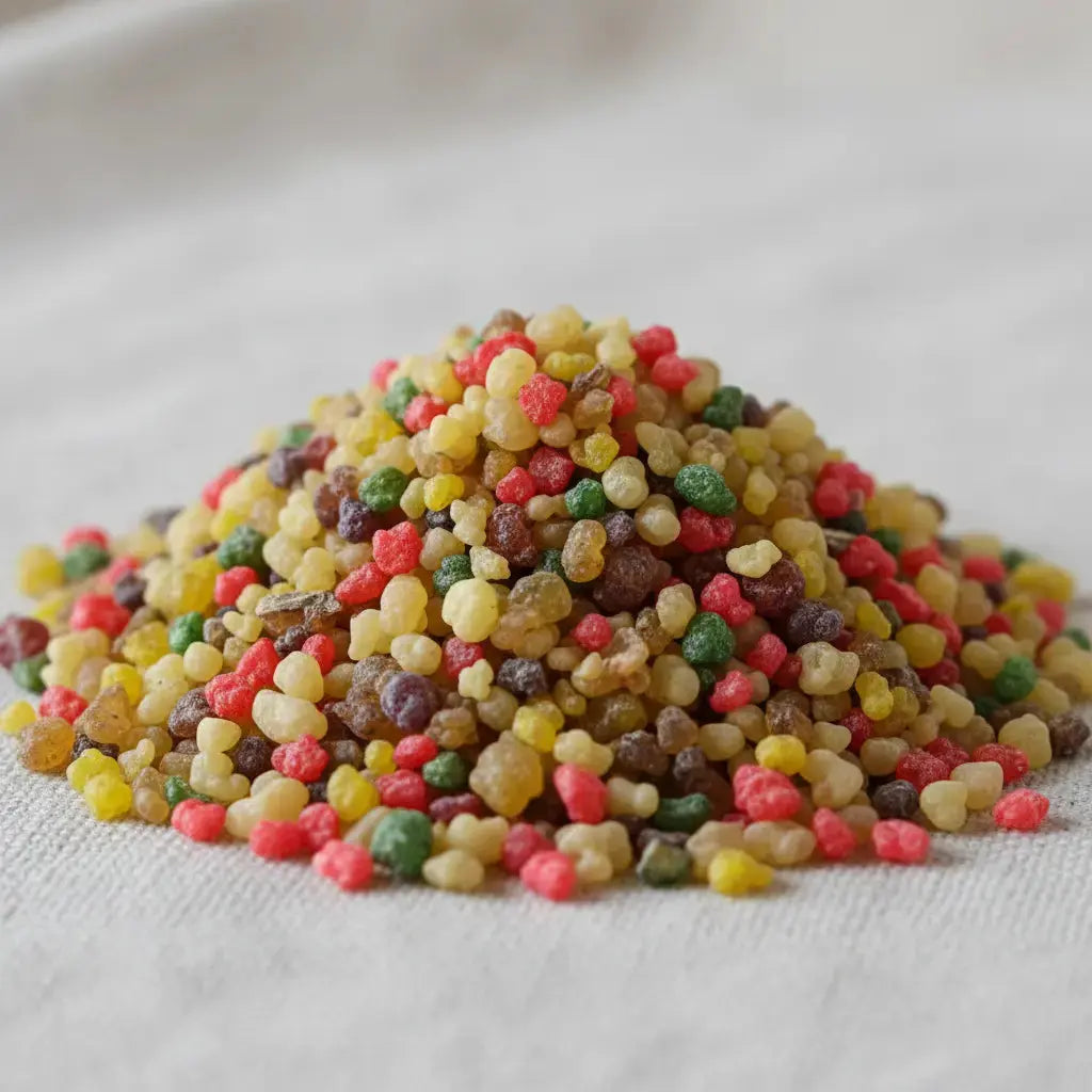 Gros plan sur un monticule de grains d'encens de résine Saint Gabriel, présentant un mélange coloré de teintes jaune clair, rouge et verte, sur un fond en tissu blanc.