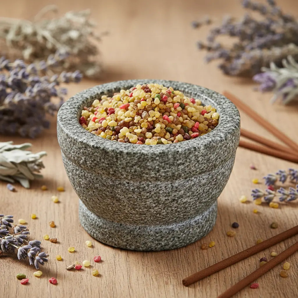 Grains d'encens de résine Saint Gabriel (jaune et multicolore) dans un mortier en granit, entouré de brins de lavande séchée et de bâtonnets d'encens.