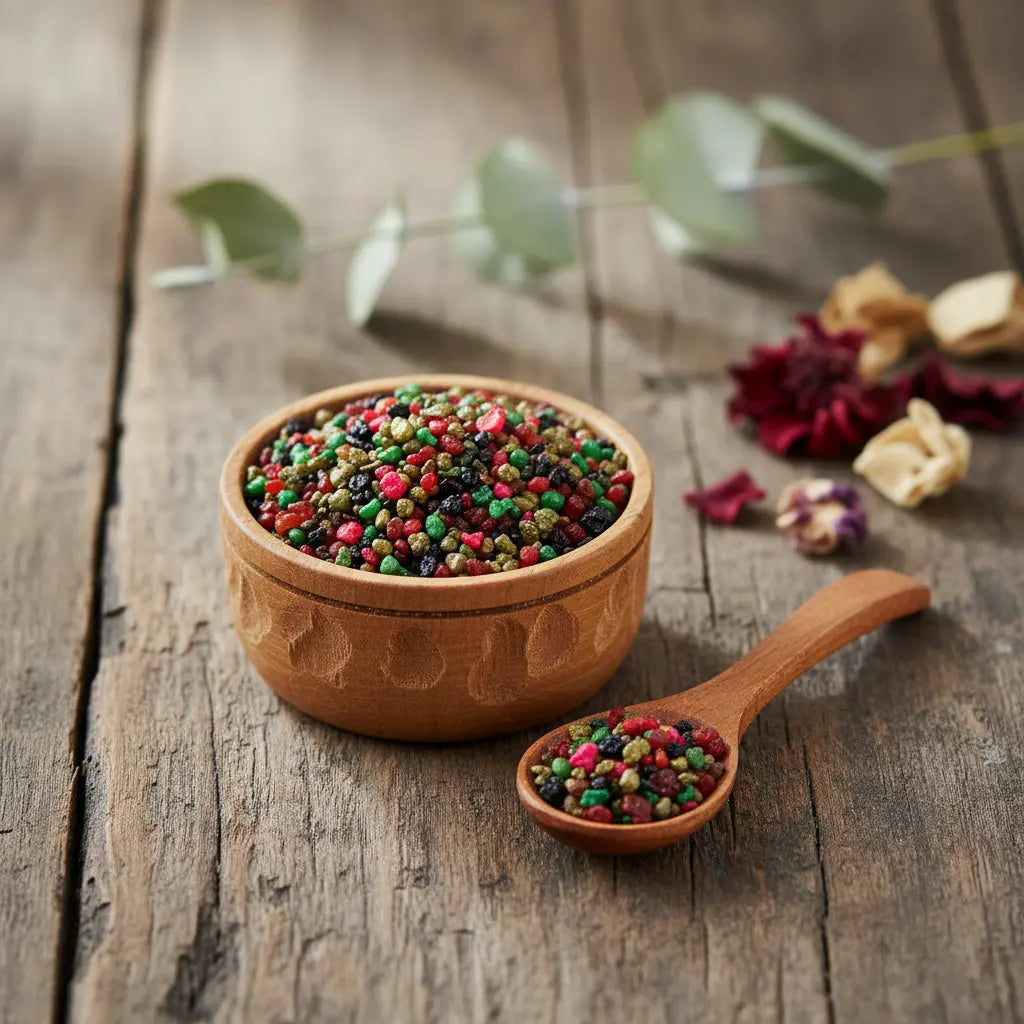 Grains d'encens de résine Saint Georges, très colorés (vert, rouge, noir), dans un petit bol en bois avec une cuillère, sur une planche de bois rustique.