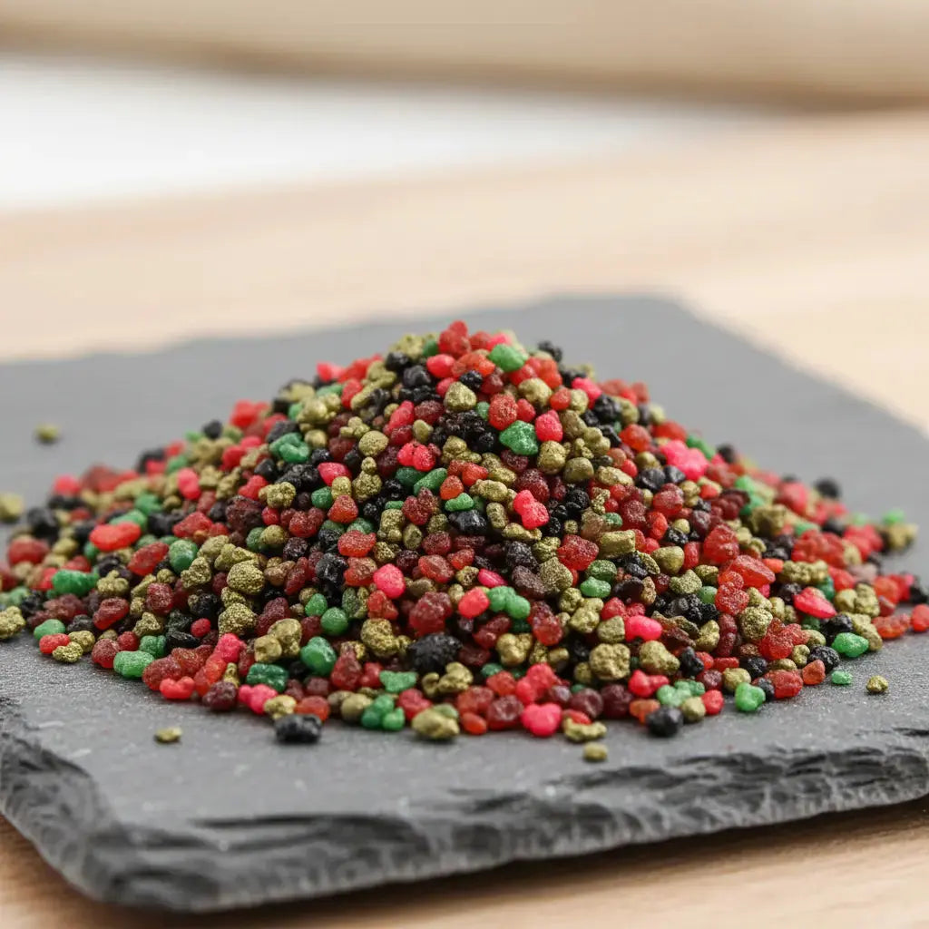 Gros plan sur un monticule de grains d'encens de résine Saint Georges, mélange vibrant de couleurs rouge, vert et noir, posé sur une ardoise sombre.