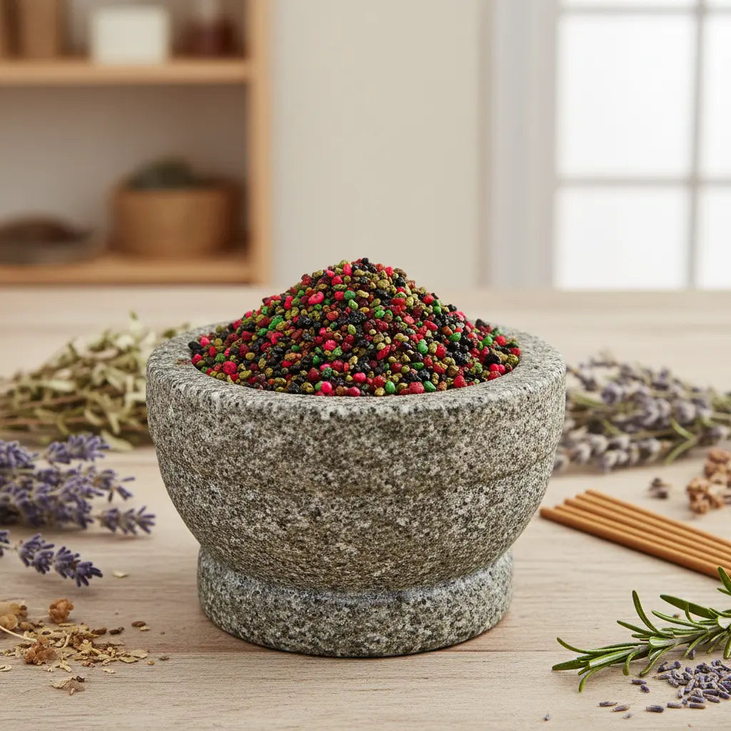 Grains d'encens de résine Saint Georges (rouge, vert, noir) dans un mortier en granit gris, entourés de brins de lavande, de romarin et d'herbes séchées.