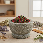 Grains d'encens de résine Saint Georges (rouge, vert, noir) dans un mortier en granit gris, entourés de brins de lavande, de romarin et d'herbes séchées.