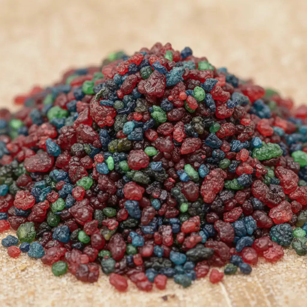 Gros plan sur des grains d’encens Saint Jean Baptiste rouges, bleus et verts sur fond clair.
