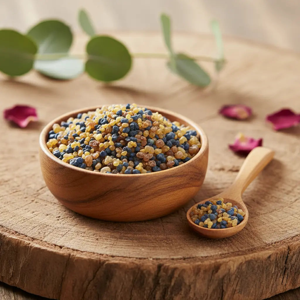 Grains d'encens de résine Saint Joseph, mélange de billes bleues et ocres, dans un bol en bois posé sur une tranche de tronc d'arbre, avec une cuillère.