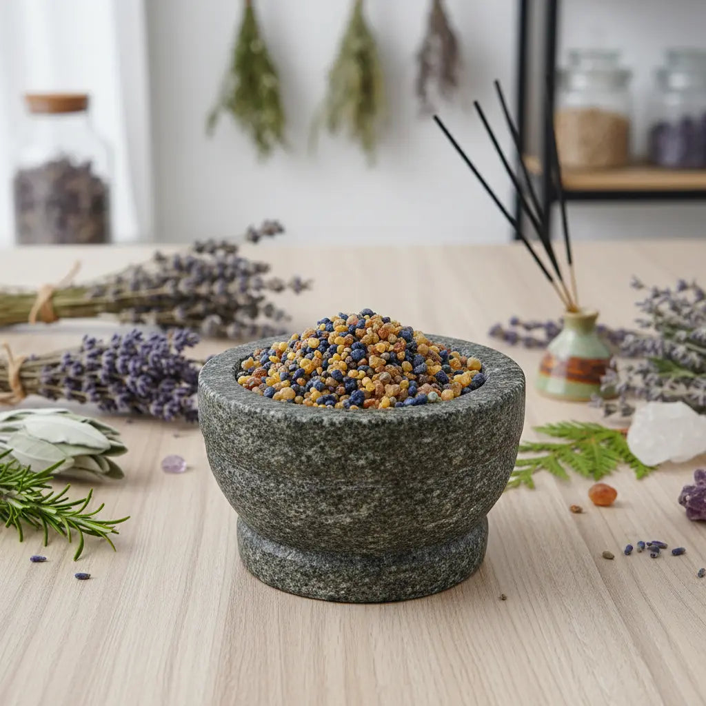 Grains d'encens de résine Saint Joseph (bleu et ocre) présentés dans un mortier en granit gris, sur une table décorée d'herbes séchées et de lavande.