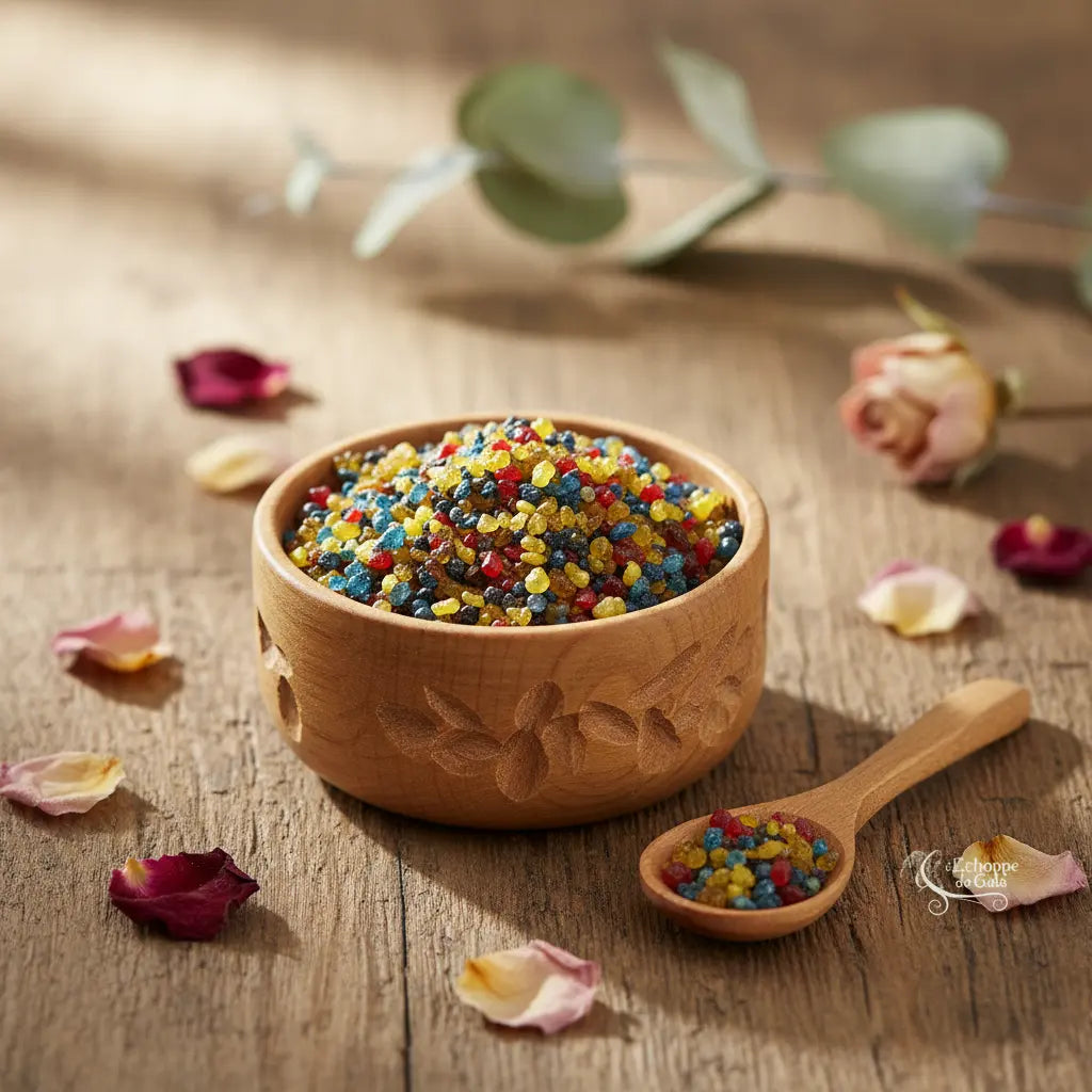 Coupelle en bois sculpté remplie de grains d’encens Saint Jude multicolores avec petite cuillère et pétales de rose sur table en bois.
