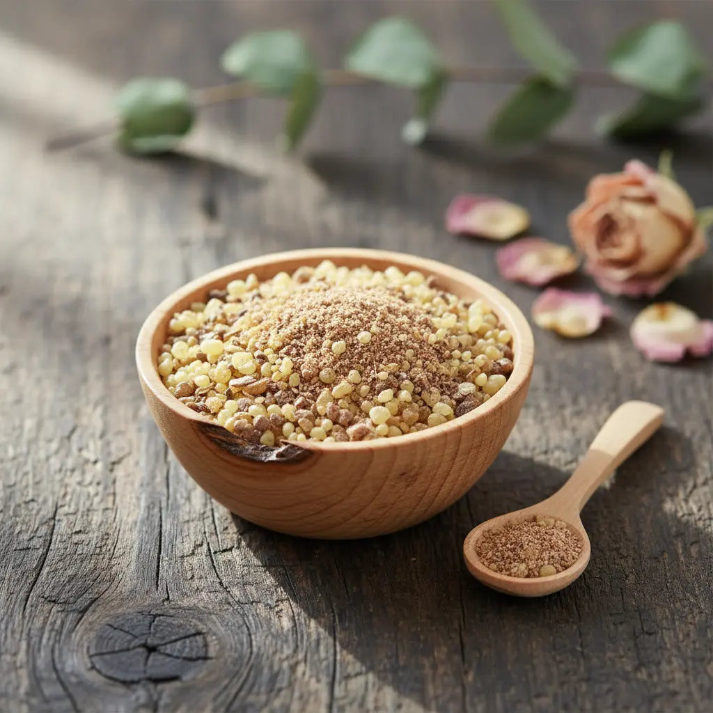Grains d'encens de résine Saint Michel, mélange de résine ambrée claire et de poudre marron foncé, dans un bol en bois clair avec cuillère, sur une planche rustique.