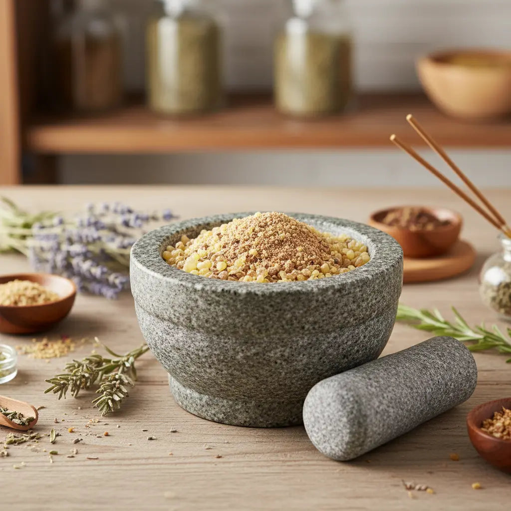 Grains d'encens de résine Saint Michel (résine ambrée et poudre marron) dans un mortier en granit gris avec pilon, entouré de brins de lavande et de romarin.