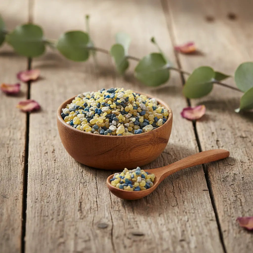 Coupelle en bois remplie de grains d’encens Saint Paul multicolores avec petite cuillère sur table en bois.