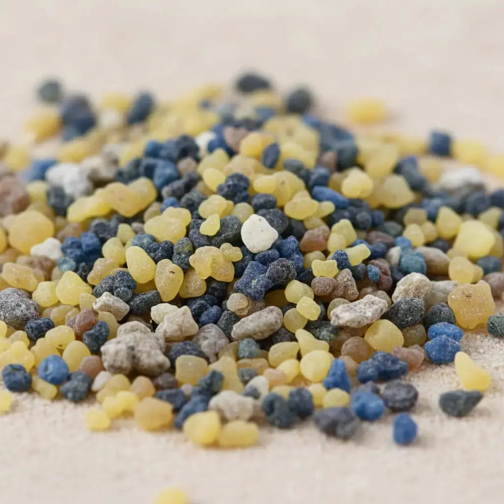Gros plan sur des grains d’encens Saint Paul jaunes, bleus et bruns sur fond clair.