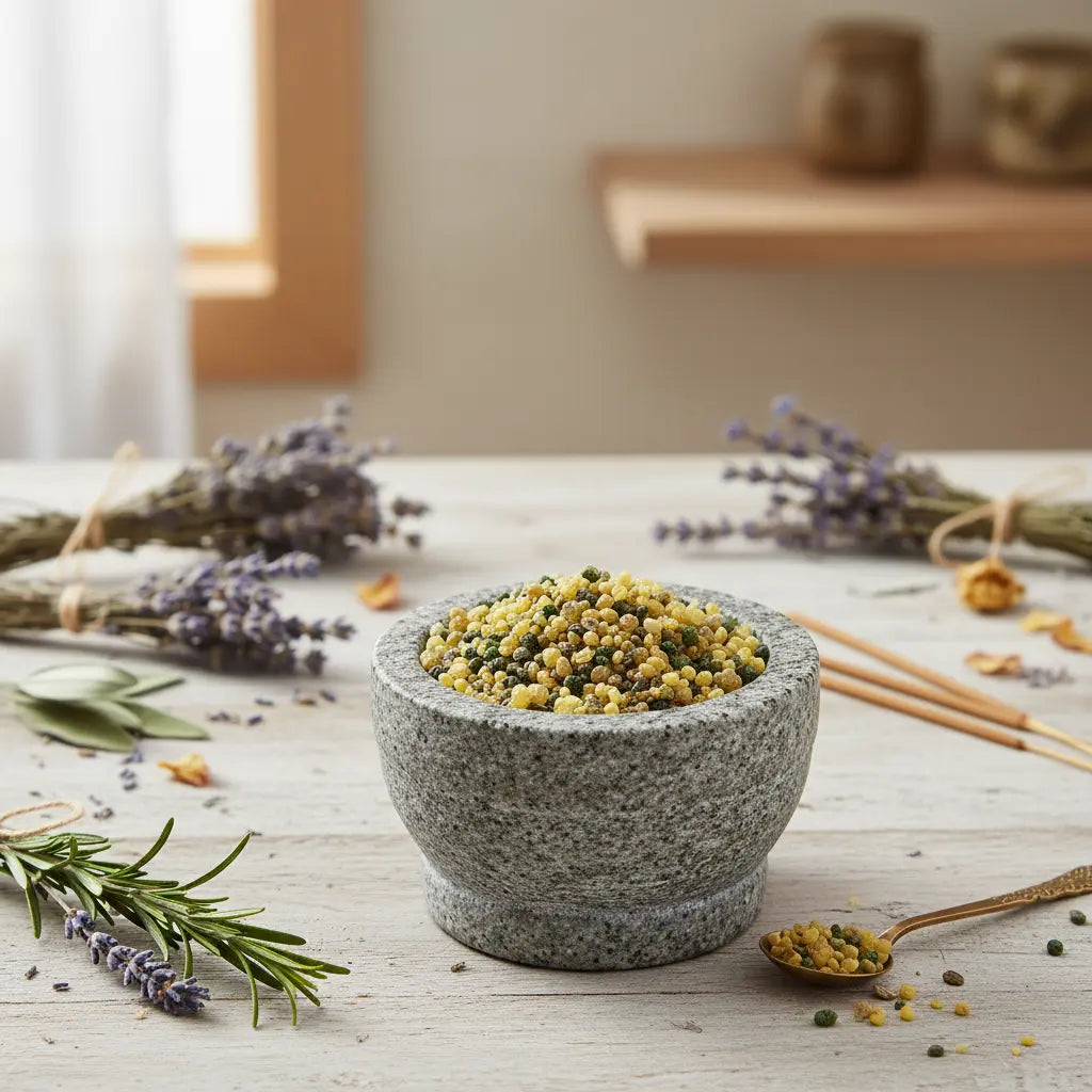 Grains d'encens de résine Saint Raphaël dans un mortier en granit gris, entourés de brins de lavande, de romarin et d'une cuillère en laiton.