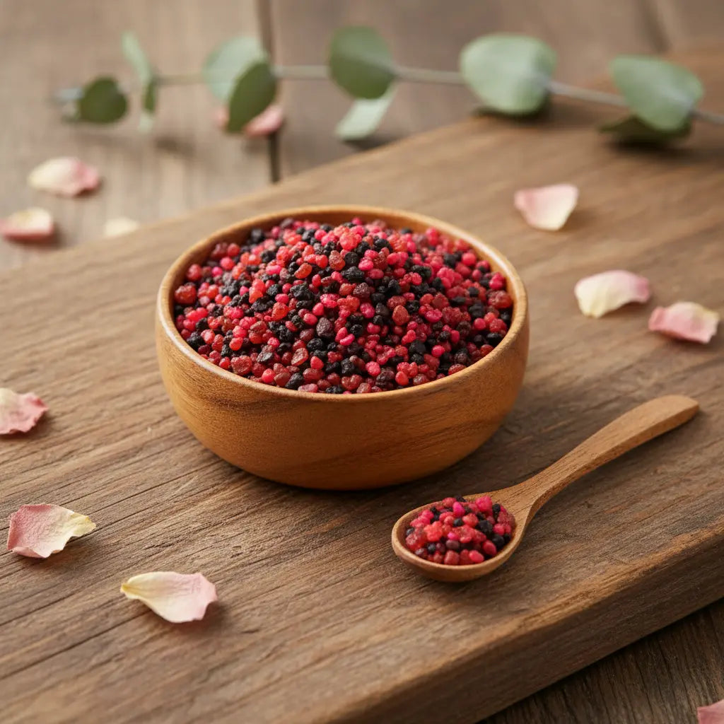 Grains d'encens de résine Sainte Rita, mélange de teintes rouge-cerise et noir, dans un bol en bois clair avec cuillère, sur une planche de bois rustique.