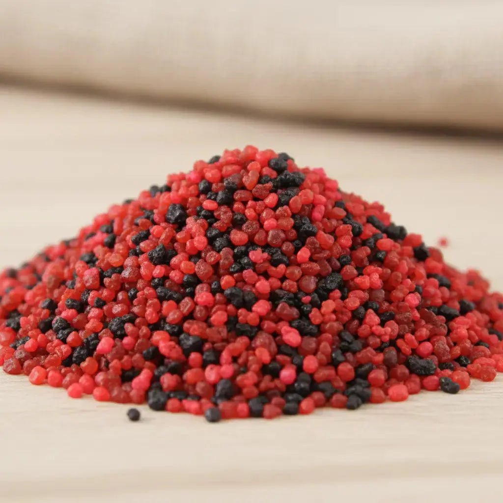 Gros plan sur un monticule de grains d'encens de résine Sainte Rita, montrant un mélange dense de rouge vif, de bordeaux foncé et de noir, sur une surface en bois clair.