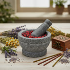 Grains d'encens de résine Sainte Rita (rouge et noir) dans un mortier en granit gris avec pilon, entouré de lavande, de camomille et de bâtonnets d'encens.