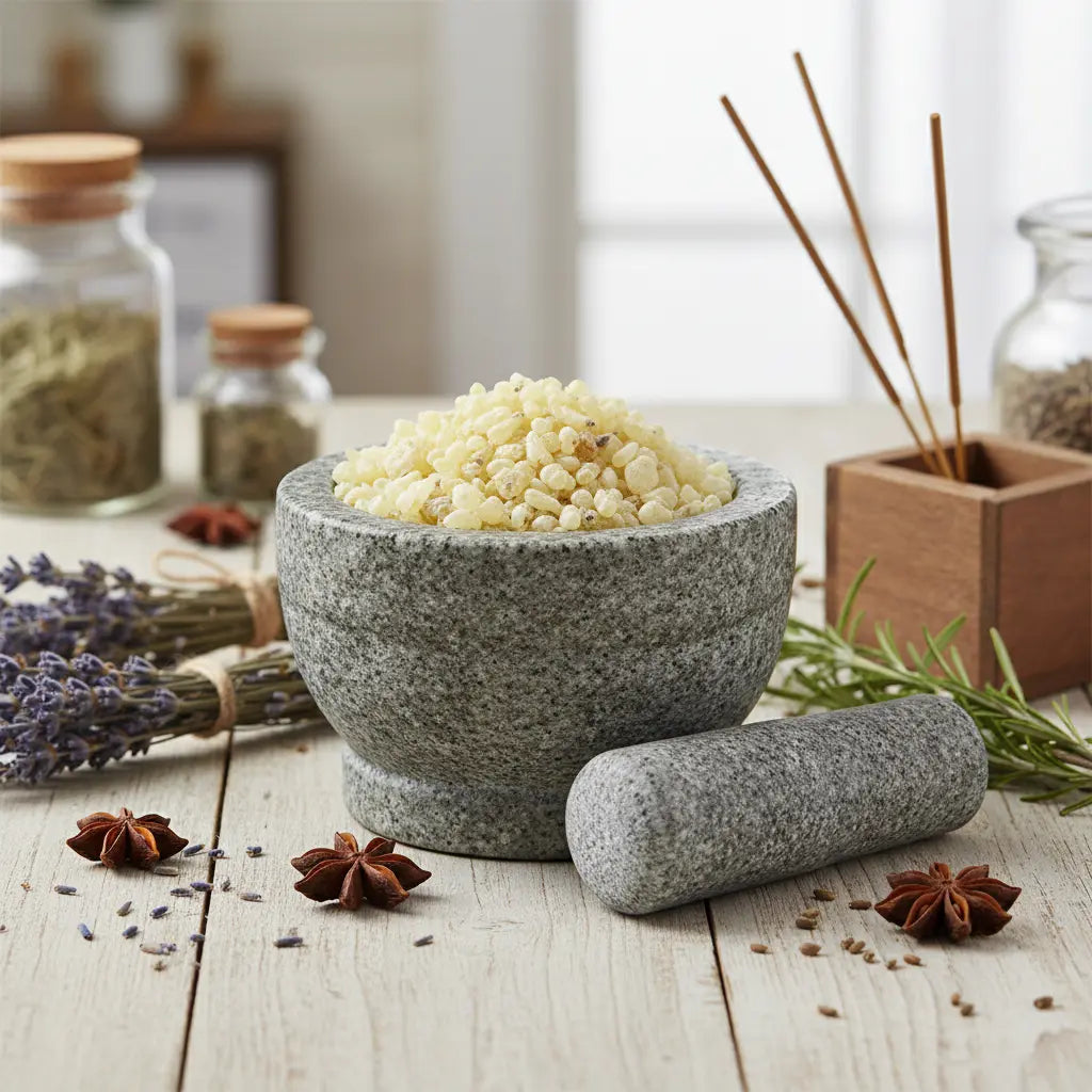 Grains de résine d'Encens Sandaraque (jaune pâle et ivoire) dans un mortier en granit gris avec pilon, entouré de brins de lavande, de romarin et d'anis étoilé.