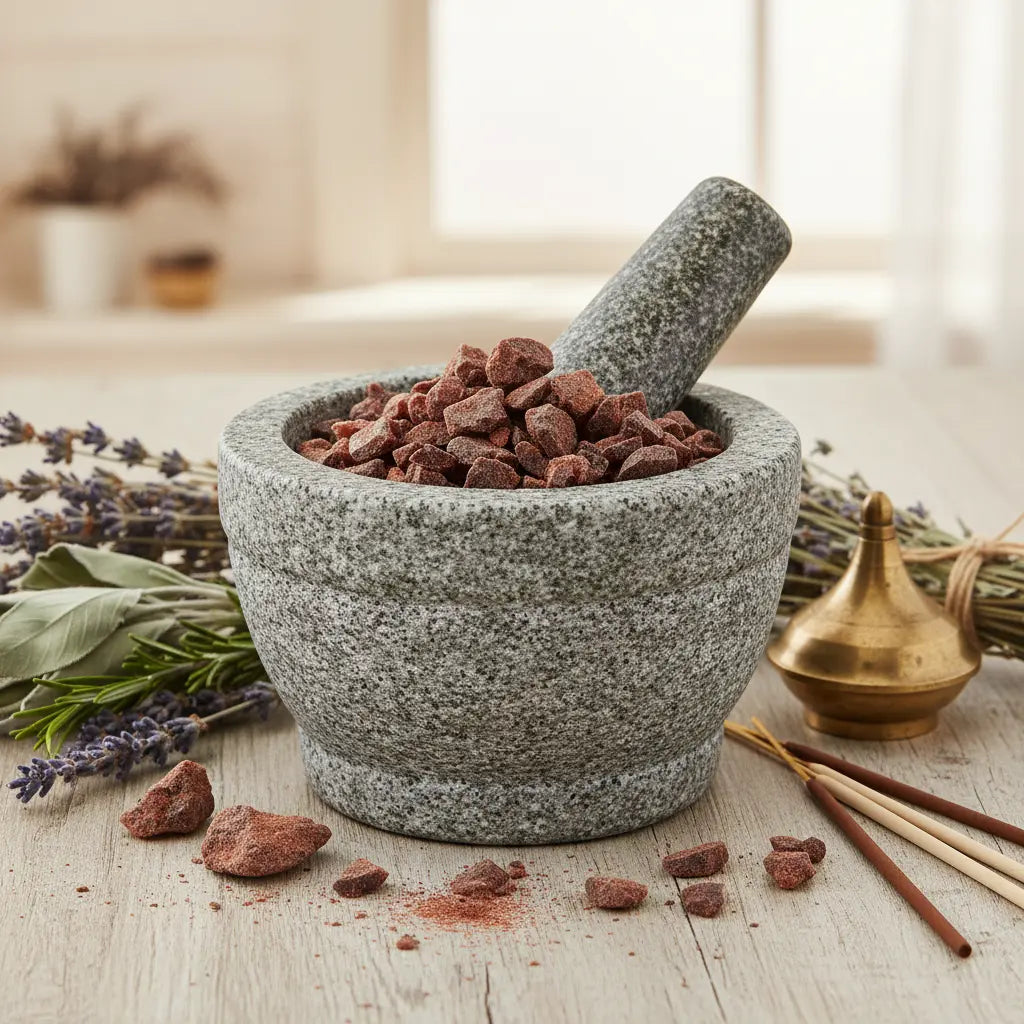Morceaux de résine Sang de Dragon (couleur rouge bordeaux) dans un mortier en granit gris avec pilon, entouré de lavande, de sauge et d'un brûle-encens en laiton.