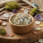 Bol en bois gravé rempli d’un encens de purification mêlant cristaux blancs et plantes séchées, posé sur une tranche de bois entourée de bâtons, mousses et pierres cristallines.