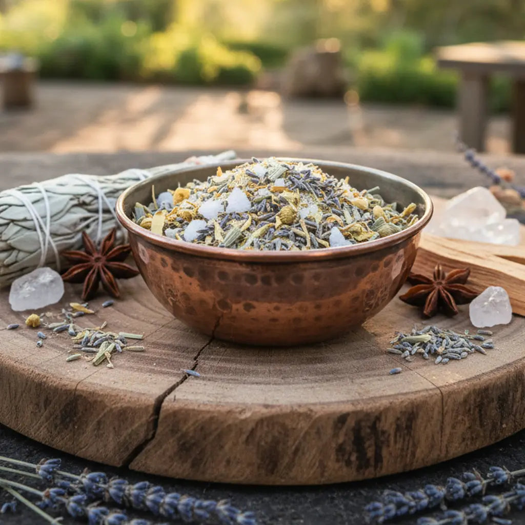 Bol en cuivre rempli d’un mélange d’encens et de plantes séchées, posé sur une tranche de bois, entouré de sauge, cristaux et étoiles de badiane en extérieur.