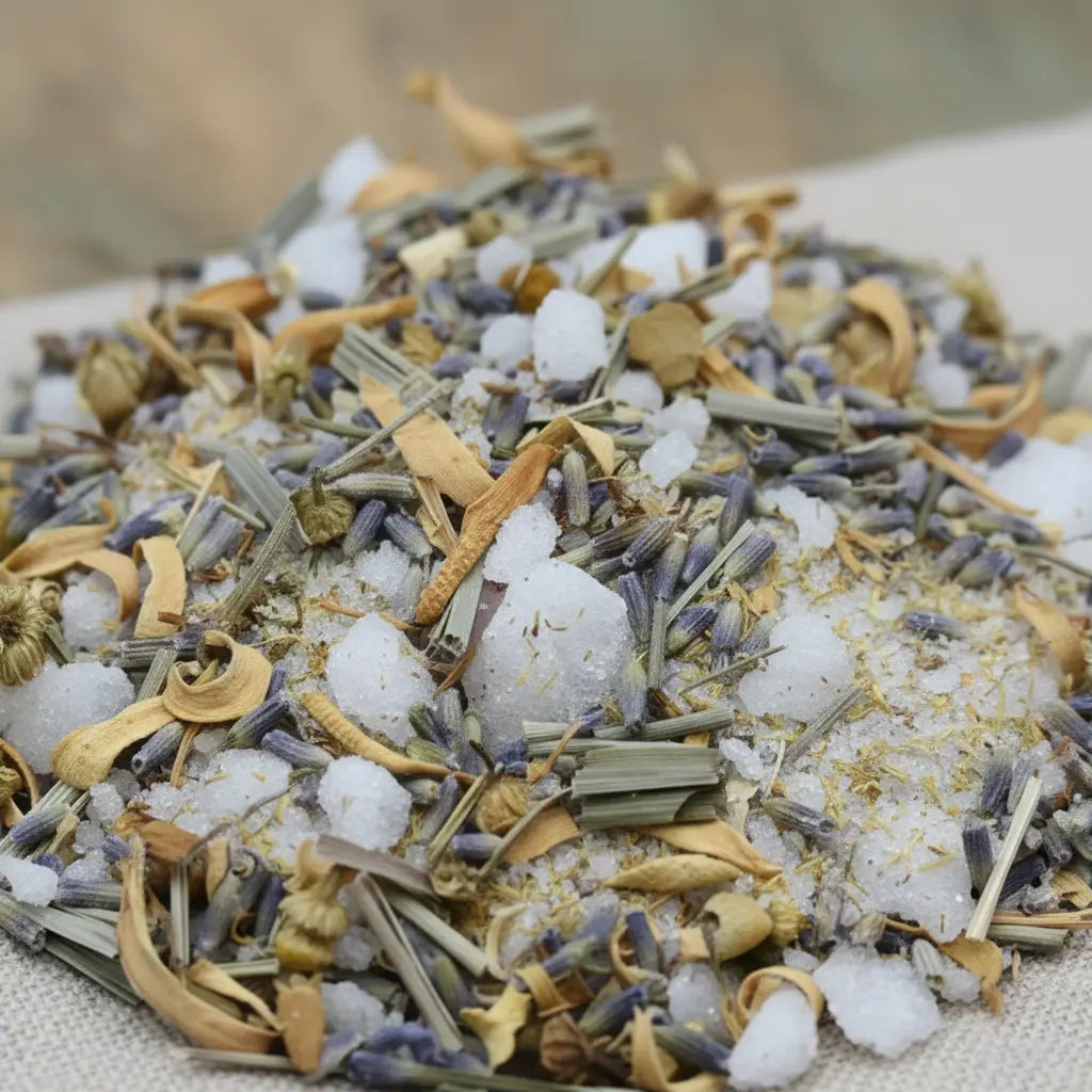 Gros plan d’un mélange d’encens et de plantes séchées, avec cristaux blancs, lamelles végétales et fleurs de lavande sur un tissu beige.
