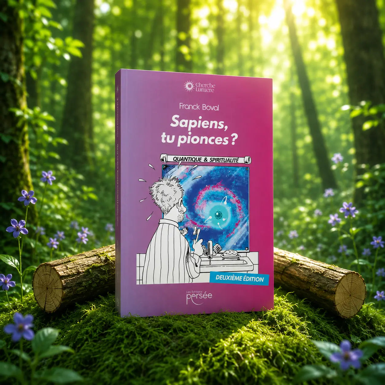 Livre Sapiens, Tu Pionces ? - Franck Boval sur mousse sacrée au pied d'un arbre, entouré de fleurs violettes sous des rayons de soleil magiques.