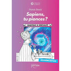 Couverture violette et rose du livre Sapiens, tu pionces ? de Franck Boval, illustrant un homme devant un miroir cosmique.