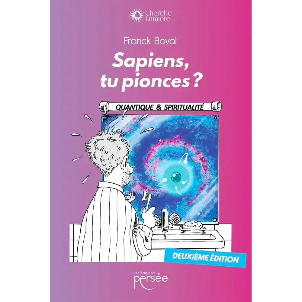 Couverture violette et rose du livre Sapiens, tu pionces ? de Franck Boval, illustrant un homme devant un miroir cosmique.