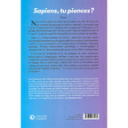 Quatrième de couverture du livre Sapiens, tu pionces ?, affichant le texte de présentation et la biographie sur un fond dégradé bleu et violet.