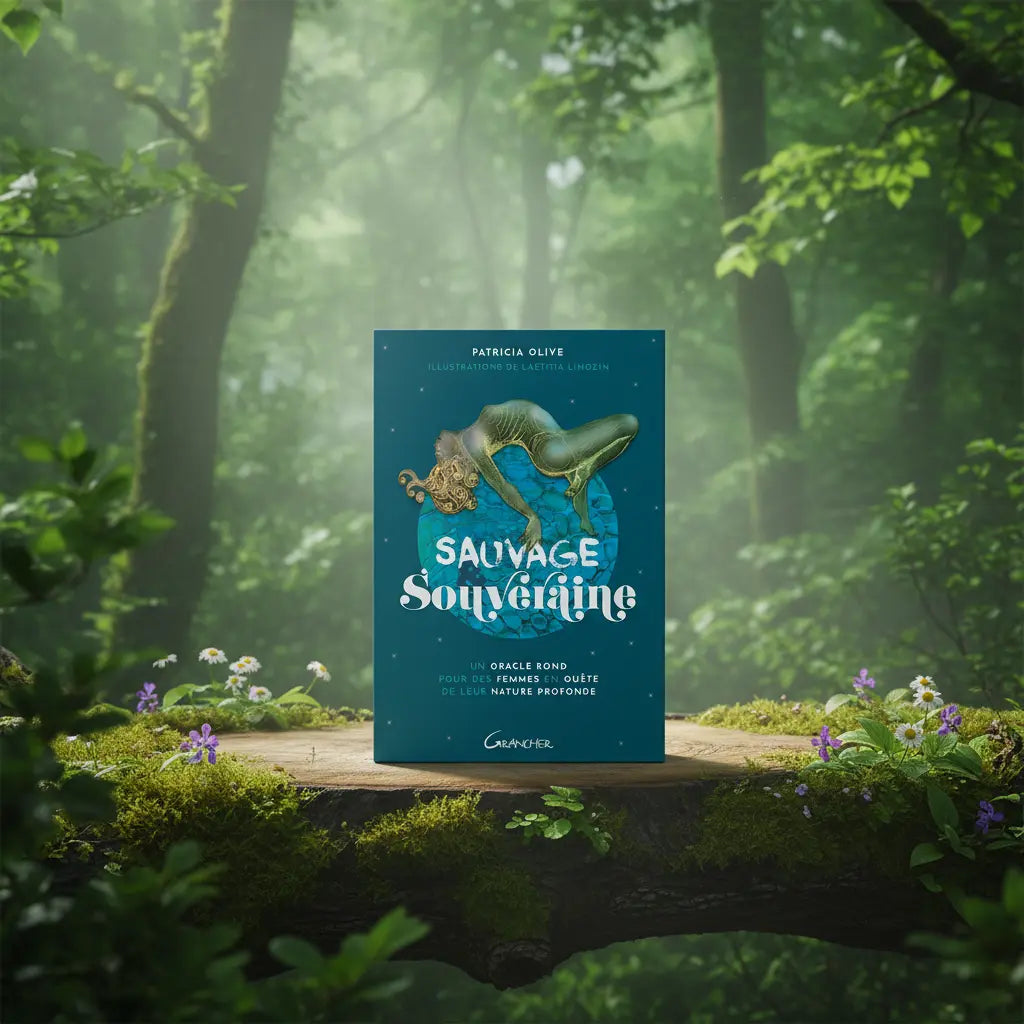 Coffret bleu Sauvage & Souveraine de Patricia Olive posé sur une souche, illustré d'une silhouette féminine en position fœtale dans un cercle d'eau par Lætitia Limozin.