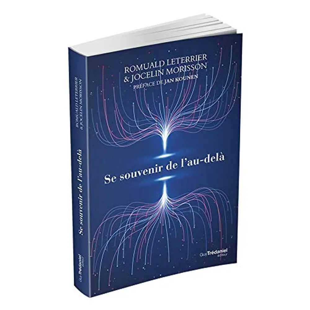 Couverture bleue du livre Se souvenir de l'au-delà de Romuald Leterrier et Jocelin Morisson, illustrant deux faisceaux de filaments lumineux.